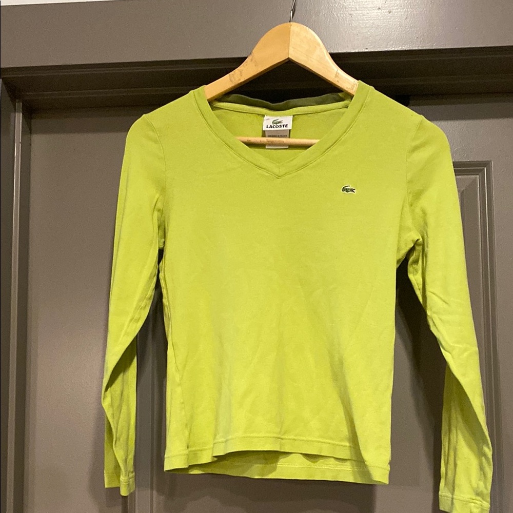 Lacoste Bright Green V-Neck Long Sleeve Womens Sz 40 (M 8)